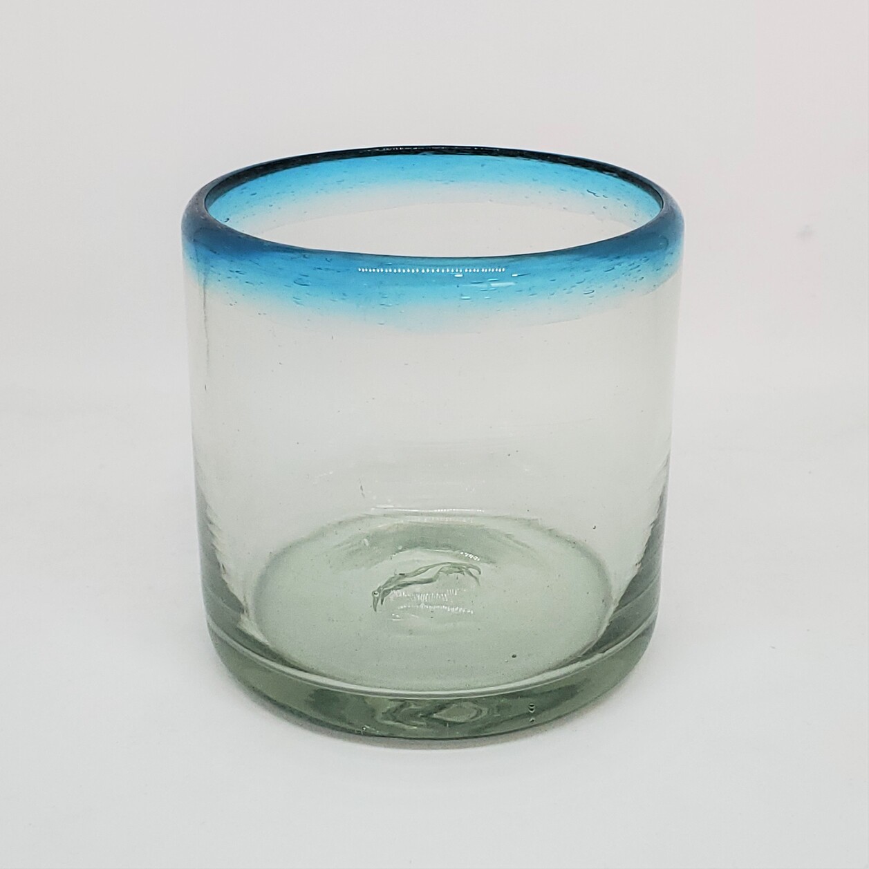 Colored Rim Glassware / Aqua Blue Rim 8 oz DOF Rock Glasses (set of 6) / These glasses are just the right size to enjoy fresh squeezed fruit juice in the moning.